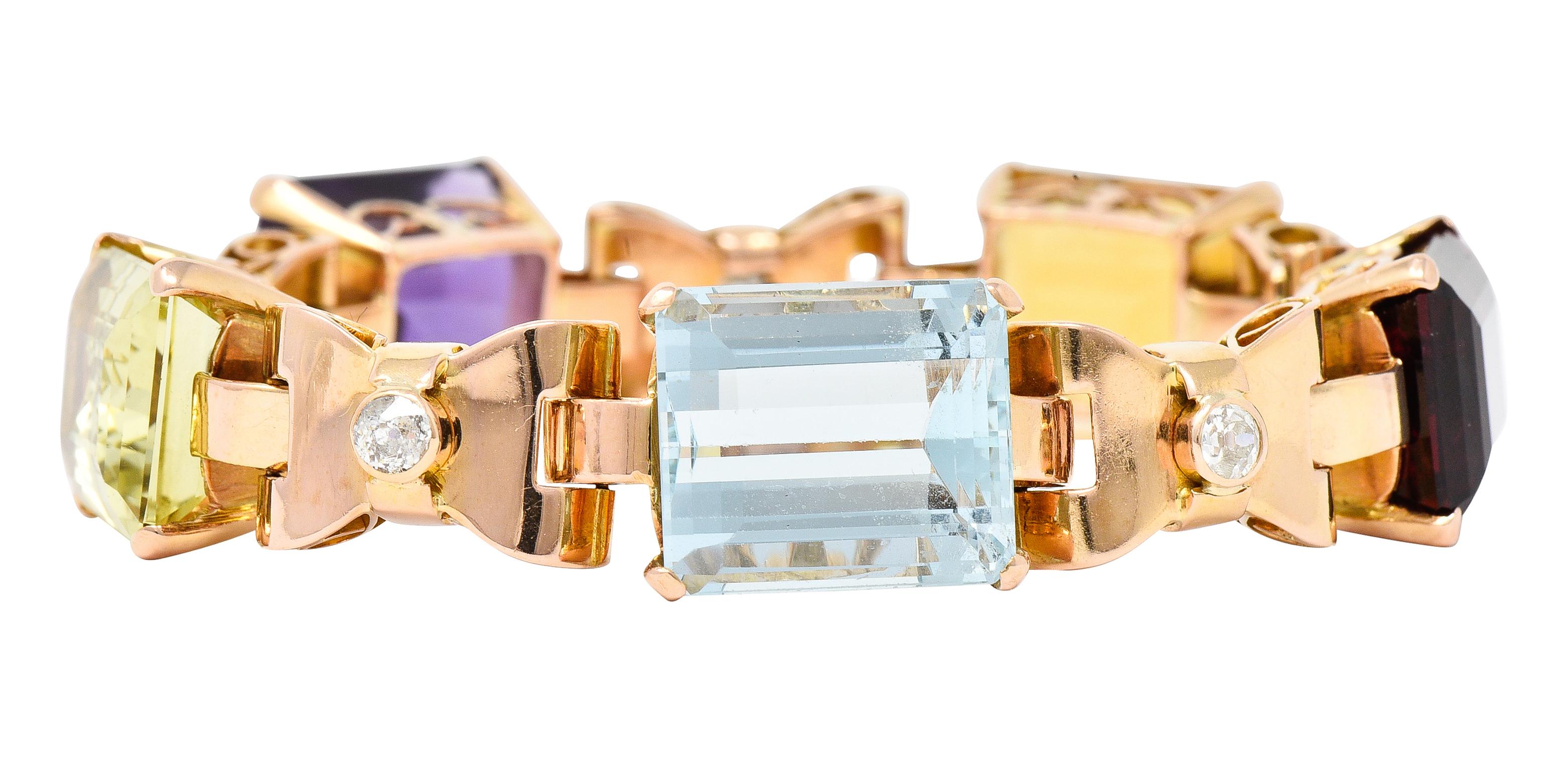 Old European Cut Retro Diamond Amethyst Aquamarine Citrine Tourmaline 14 Karat Rose Gold Bracelet For Sale