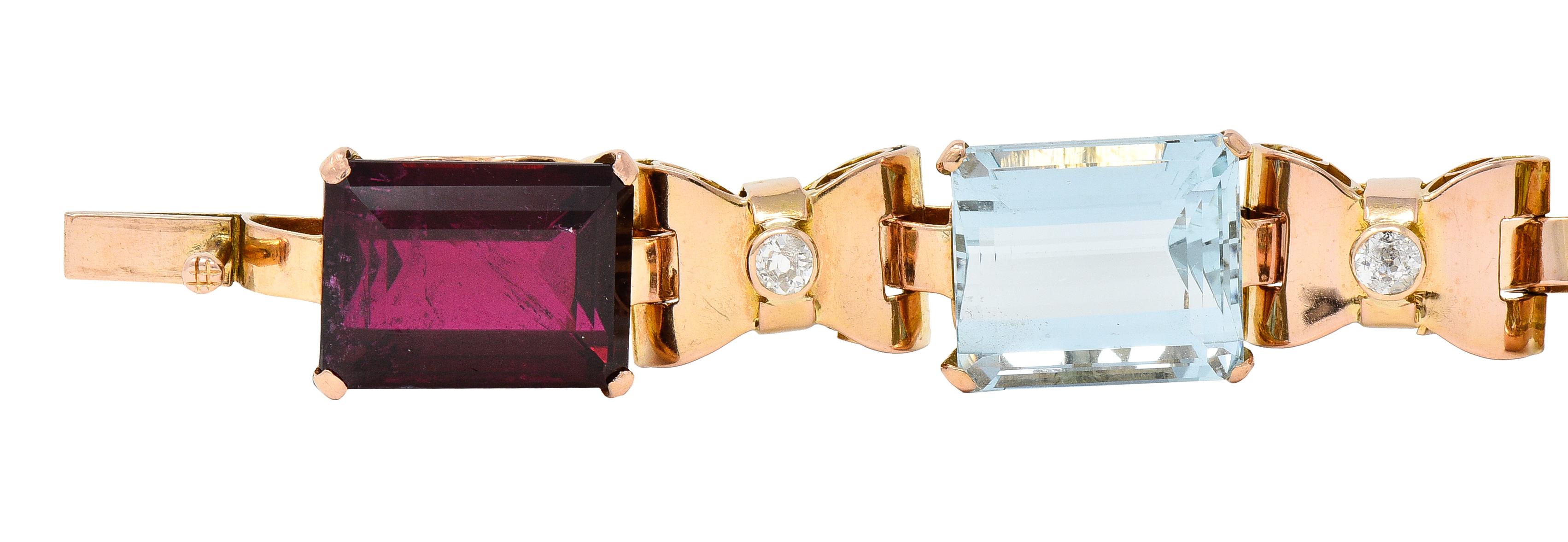 Retro Diamond Amethyst Aquamarine Citrine Tourmaline 14 Karat Rose Gold Bracelet In Excellent Condition For Sale In Philadelphia, PA
