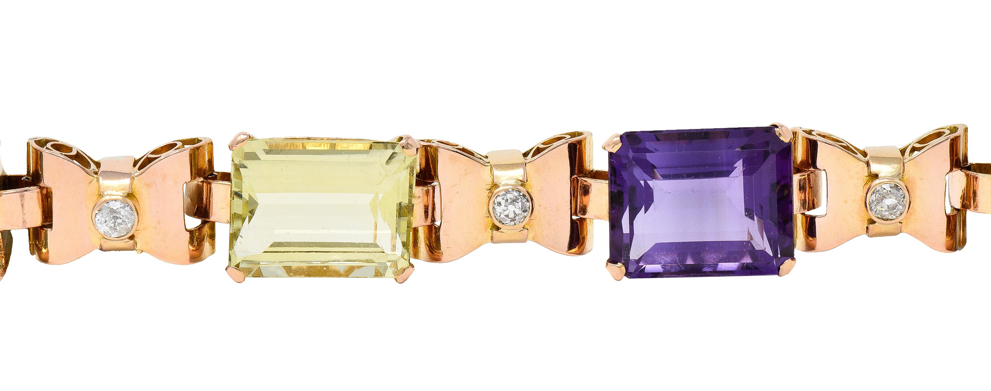 Retro Diamond Amethyst Aquamarine Citrine Tourmaline 14 Karat Rose Gold Bracelet For Sale 1