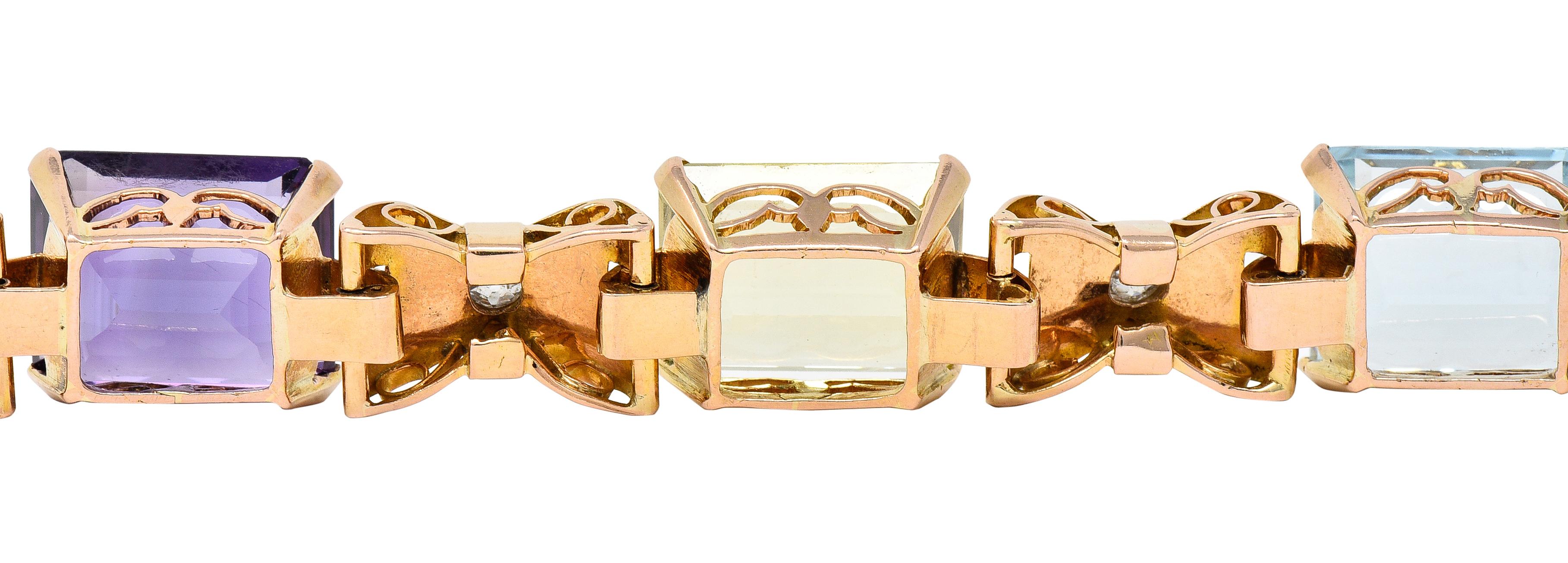 Retro Diamond Amethyst Aquamarine Citrine Tourmaline 14 Karat Rose Gold Bracelet For Sale 2