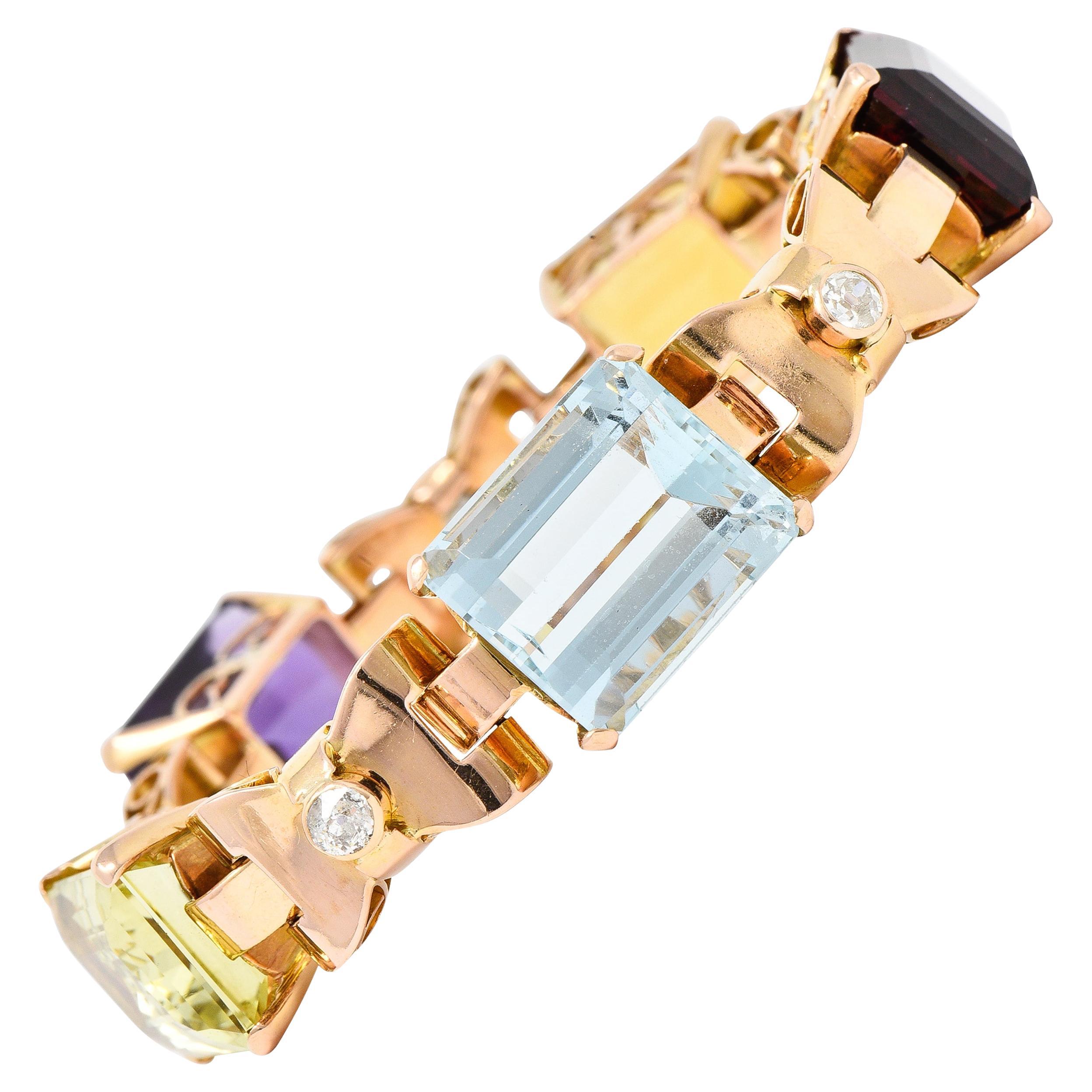 Retro Diamond Amethyst Aquamarine Citrine Tourmaline 14 Karat Rose Gold Bracelet For Sale