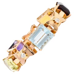 Bracelet rétro en or rose 14 carats avec diamant, améthyste, aigue-marine, citrine et tourmaline