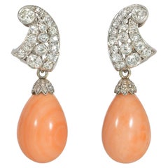 Retro Diamond and Angel Skin Coral Day-to-Night Earrings with Removable Pendants