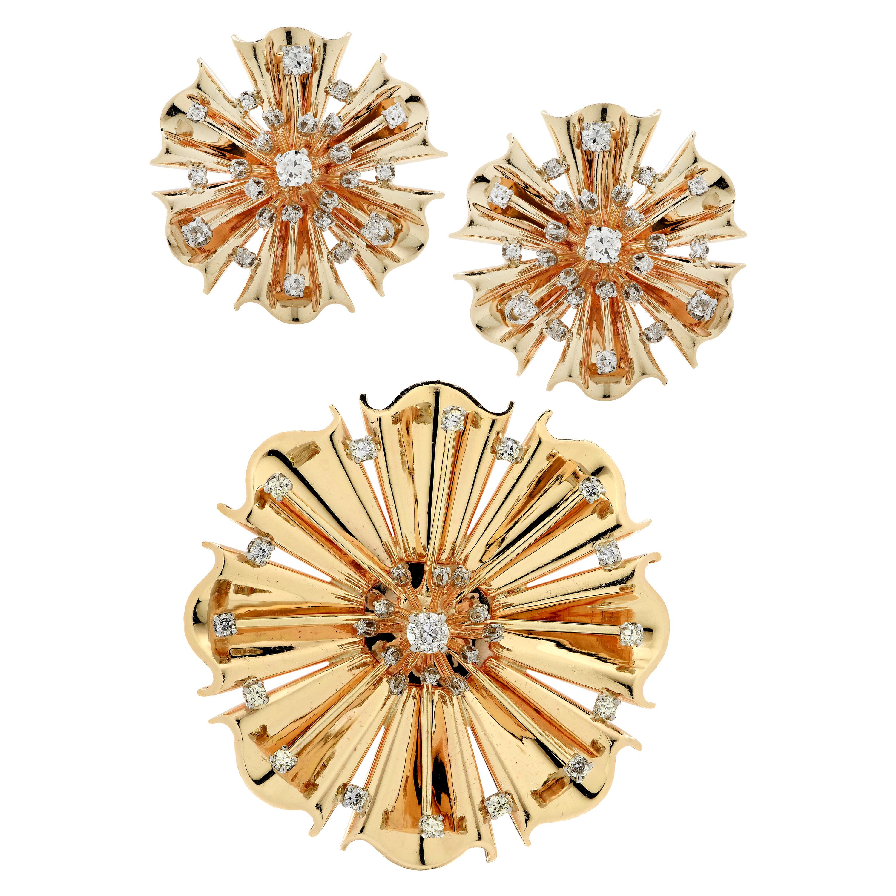 Retro Diamond and Gold Flower Brooch Pendant and Earring Set