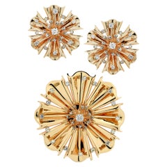 Retro Diamond and Gold Flower Brooch Pendant and Earring Set