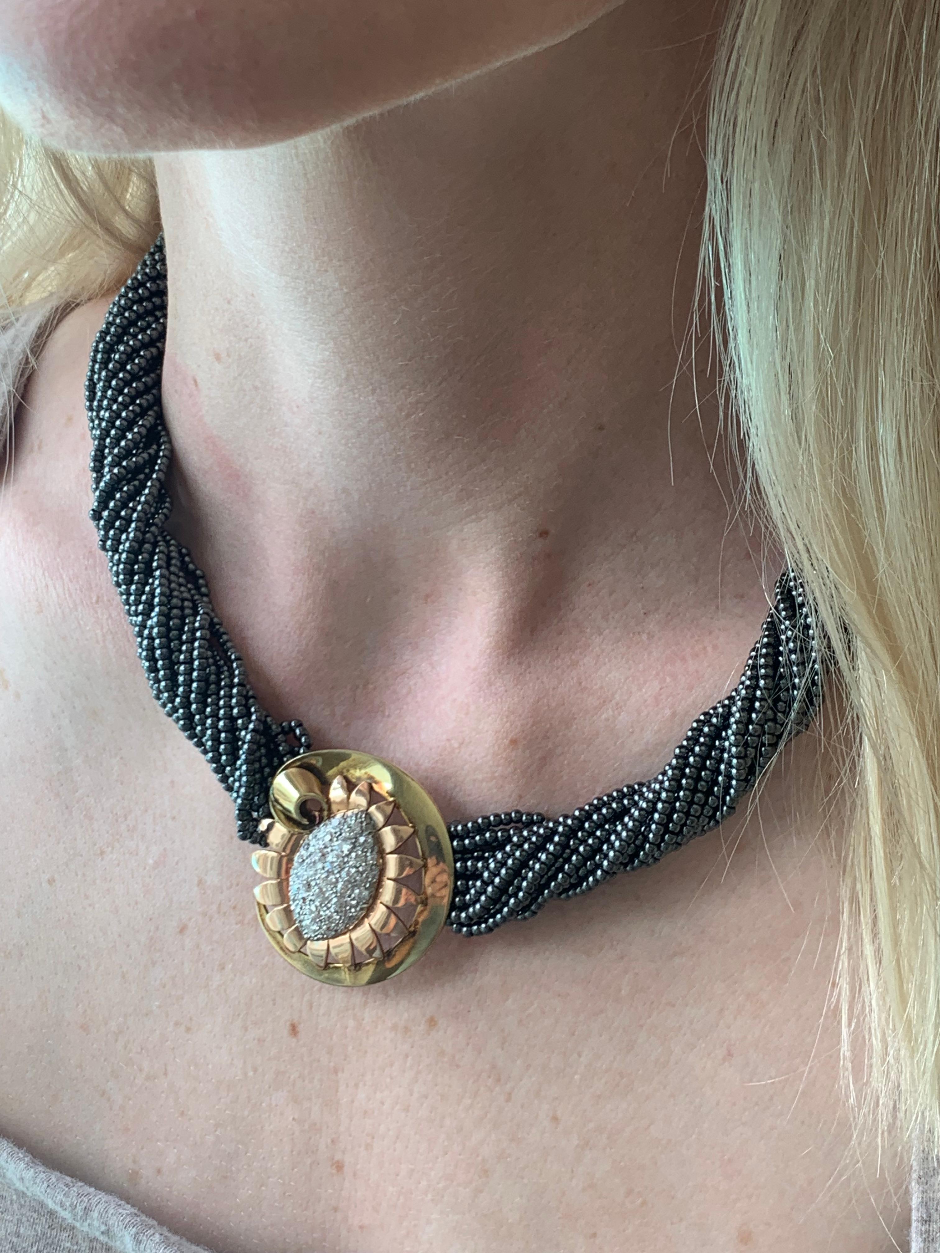Retro Diamond and Hematite Platinum and 14k Gold Necklace, circa 1940s In Good Condition For Sale In Beverly Hills, CA