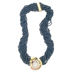 Retro Diamant und Hämatit Platin und 14k Gold Halskette, circa 1940er Jahre