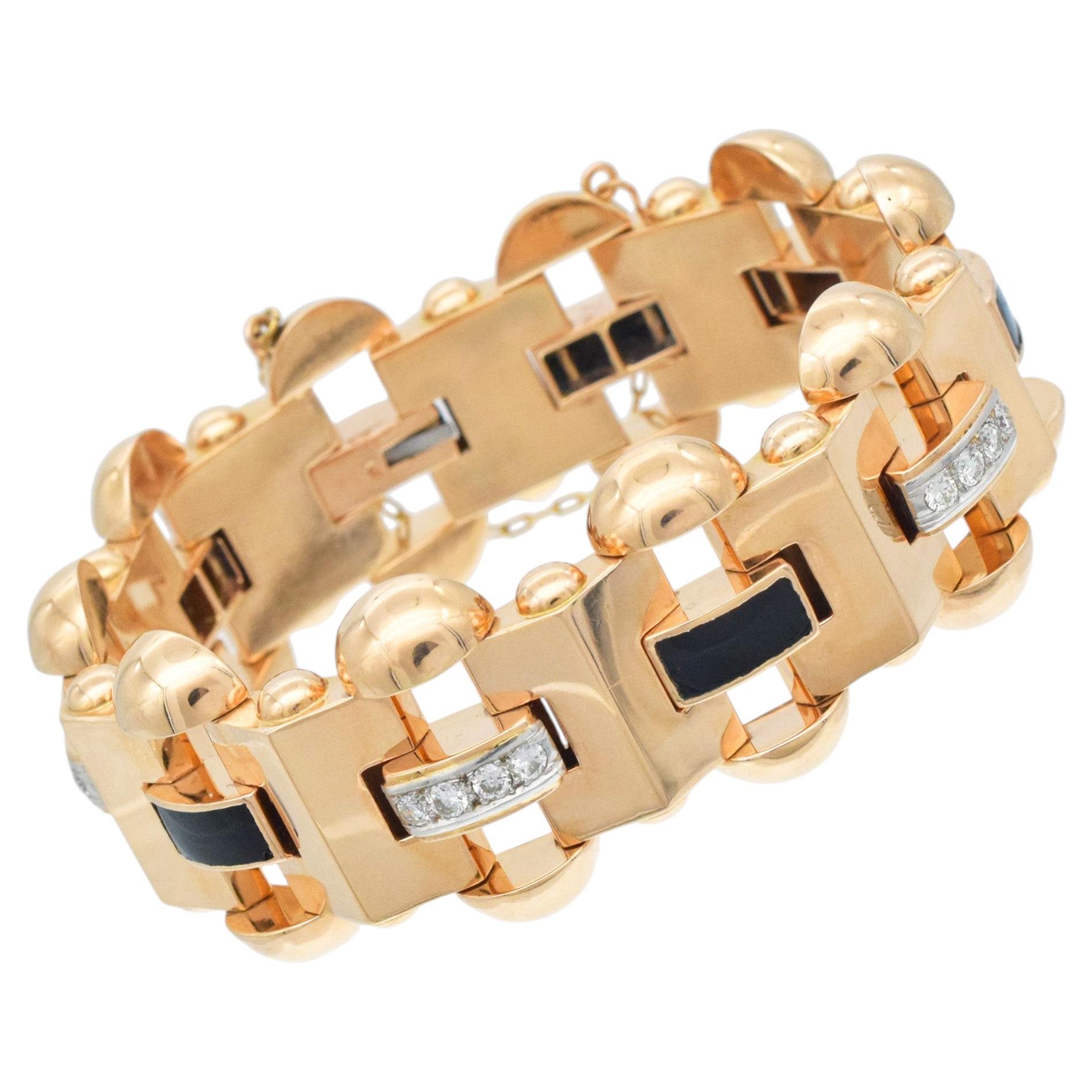 Bracciale vistoso in stile retrò con diamanti e onice, in oro rosa 18 carati.