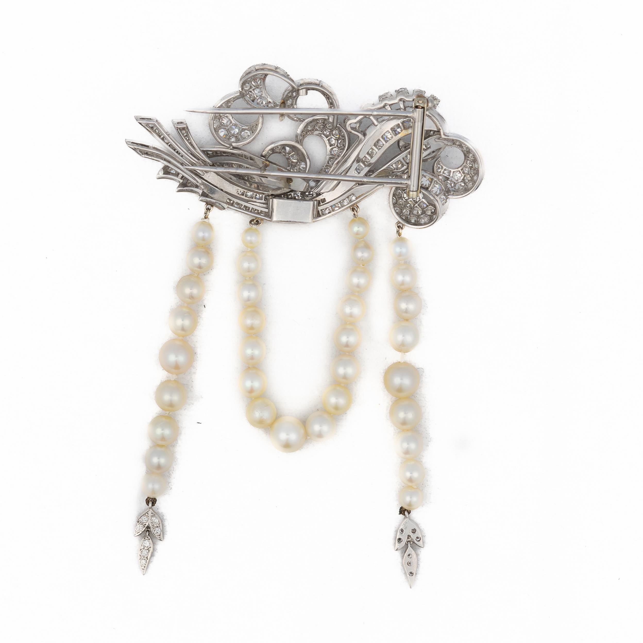 Art Deco Retro Diamond and Pearl Cascading Brooch For Sale