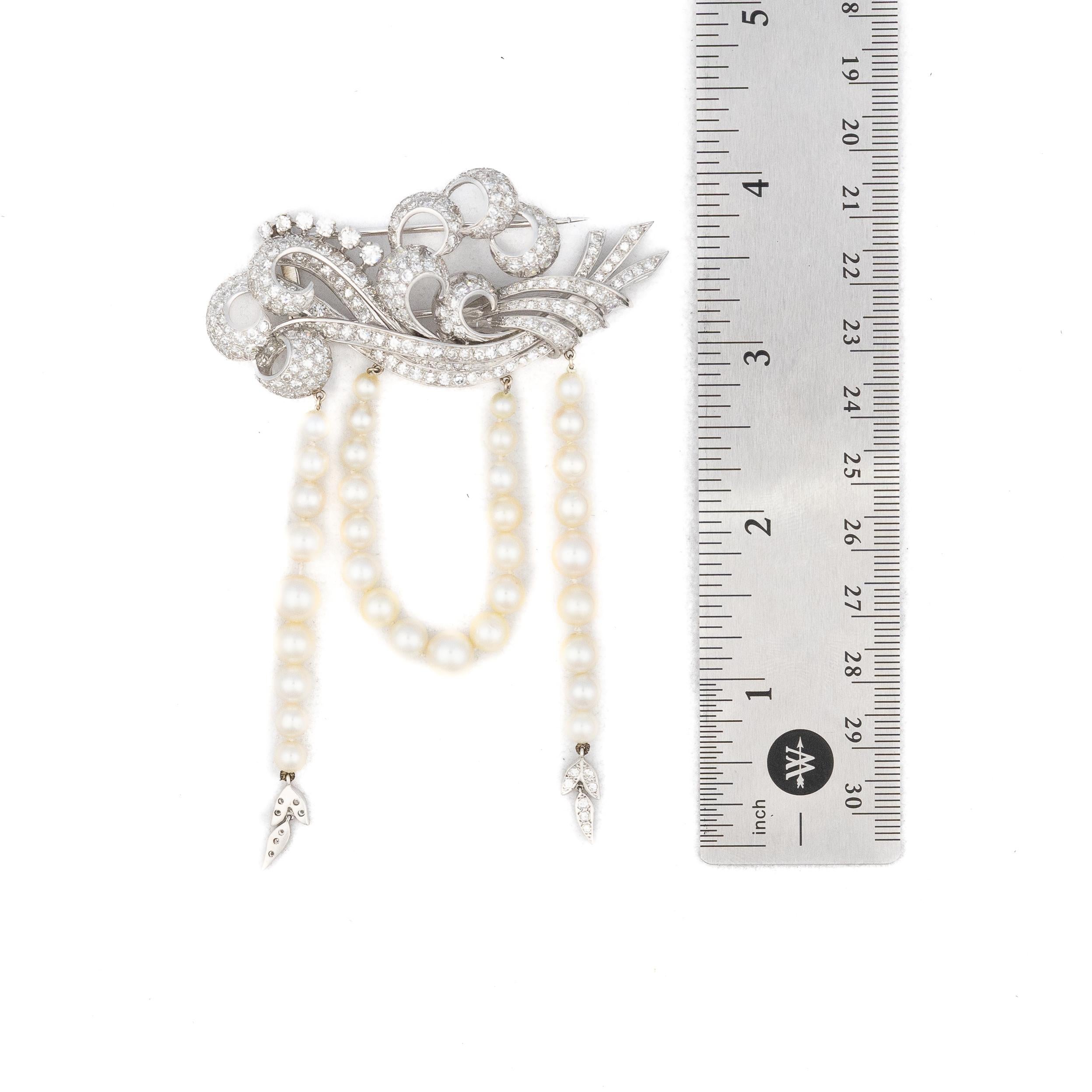 Round Cut Retro Diamond and Pearl Cascading Brooch For Sale