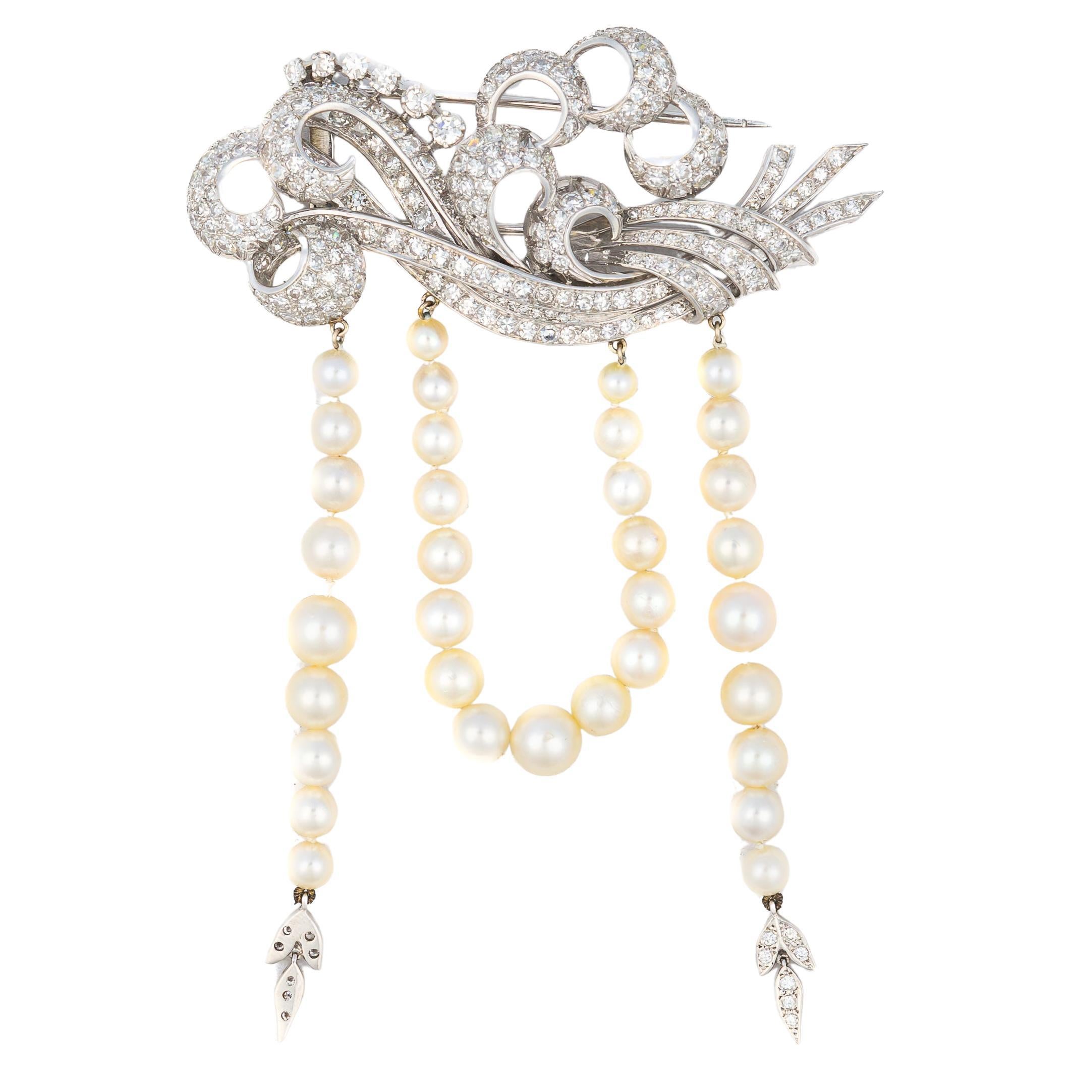 Retro Diamond and Pearl Cascading Brooch