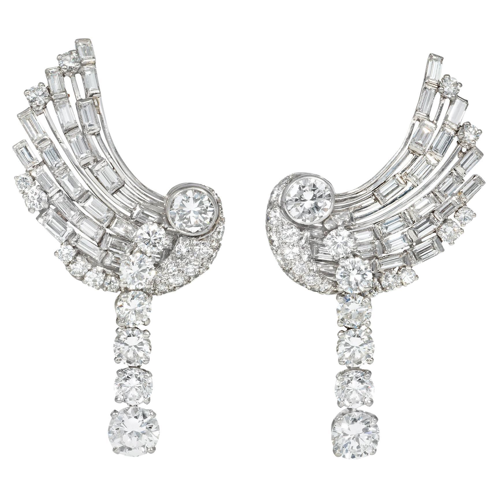 Retro Diamond and Platinum Stylized Wing Earrings with Removable Pendants For Sale