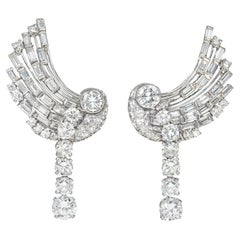 Retro Diamond and Platinum Stylized Wing Earrings with Removable Pendants