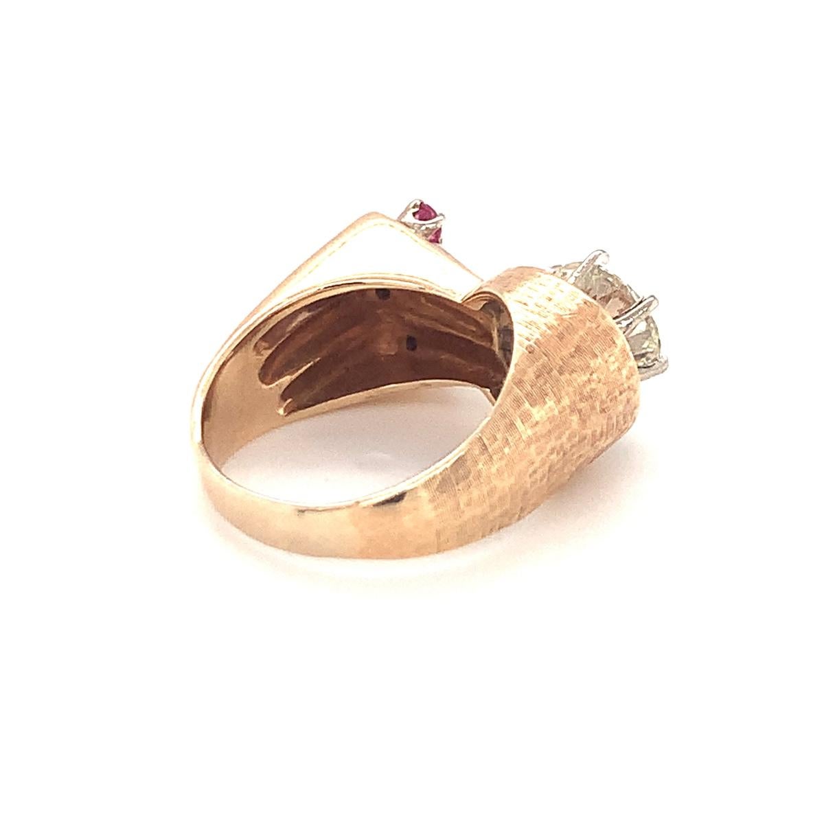 Women's Retro Diamond and Ruby 14K Rose Gold Ring, circa 1940s For Sale
