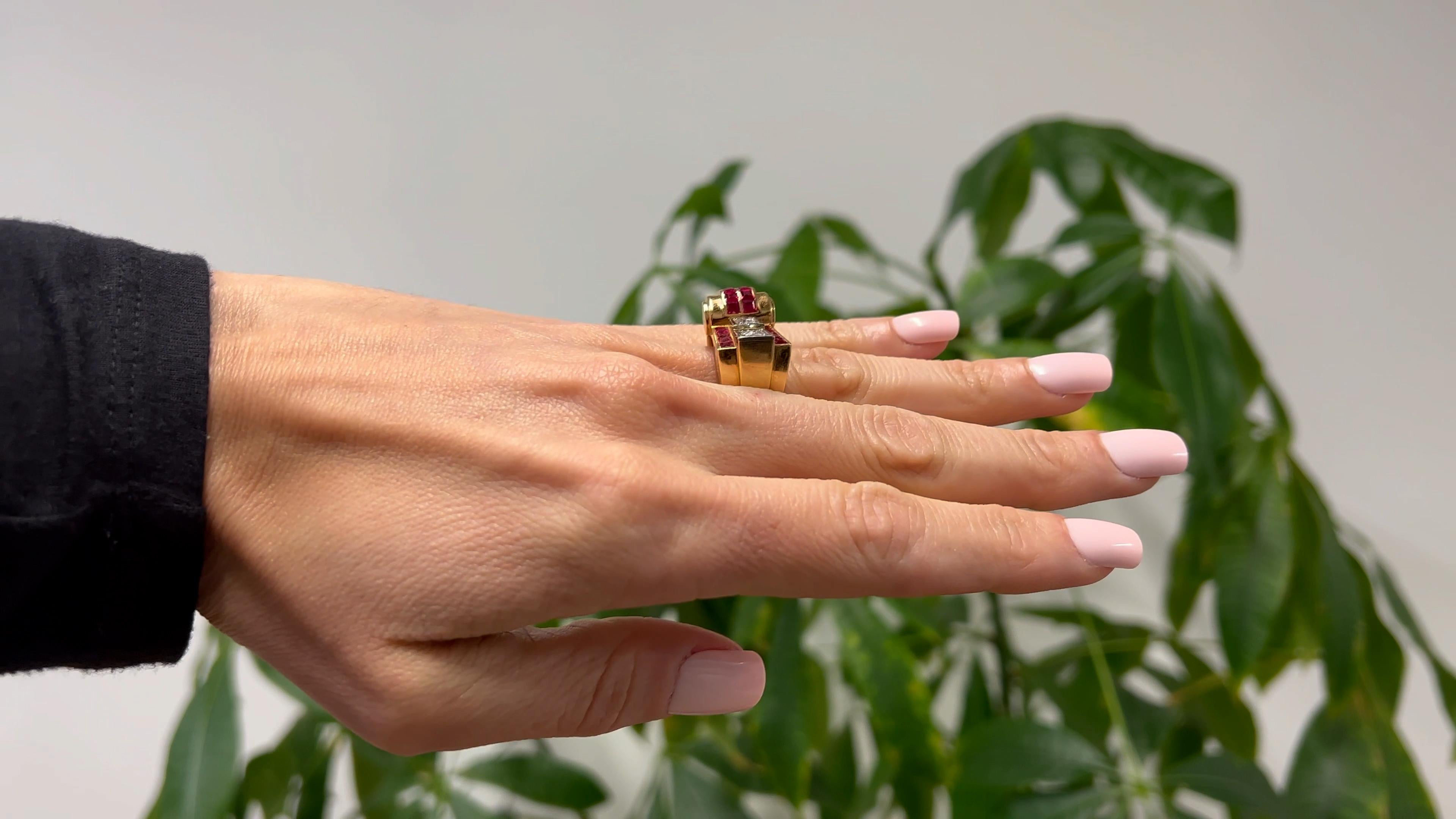 Retro Diamond and Ruby 18k Yellow Gold Platinum Tank Ring In Good Condition In Beverly Hills, CA