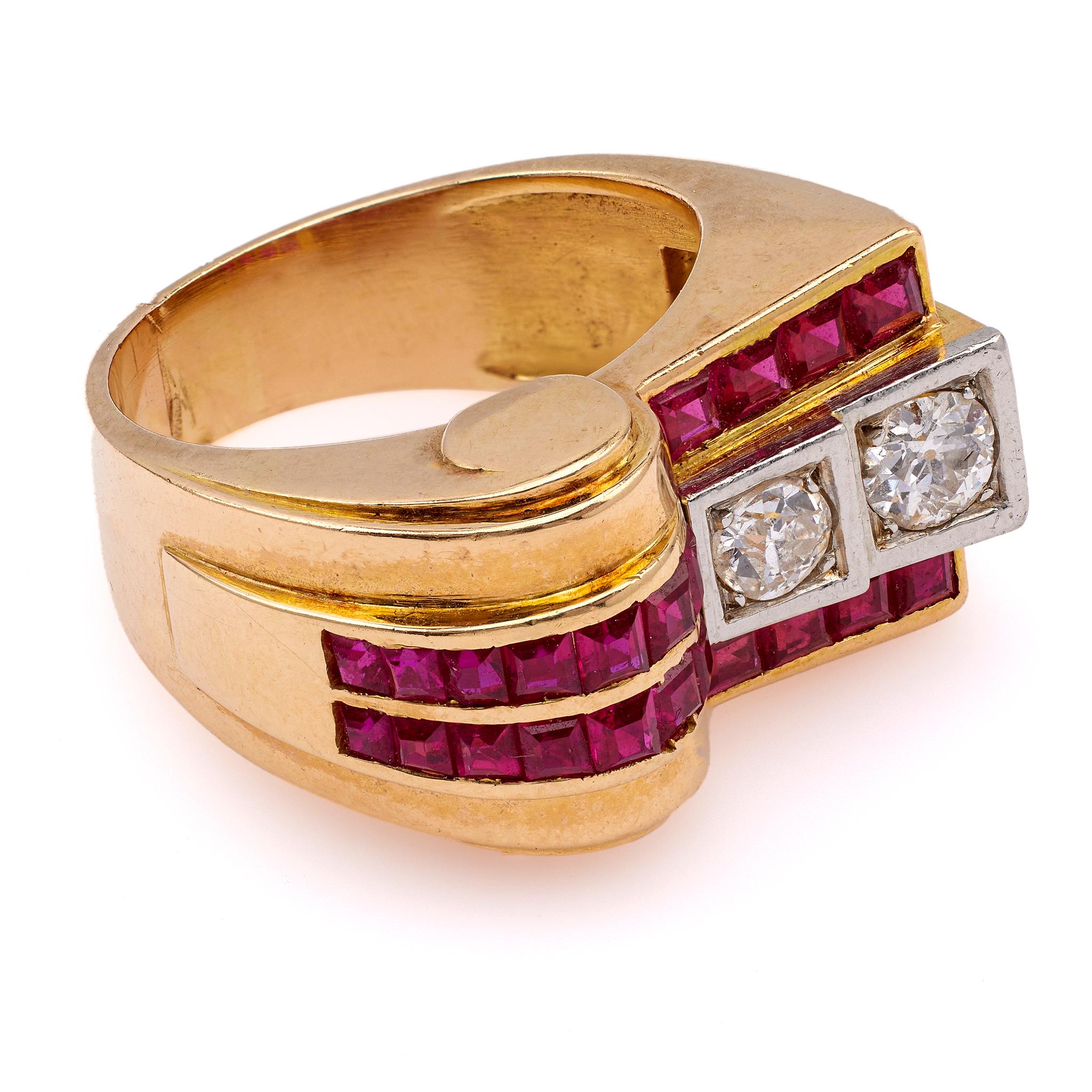 Women's or Men's Retro Diamond and Ruby 18k Yellow Gold Platinum Tank Ring