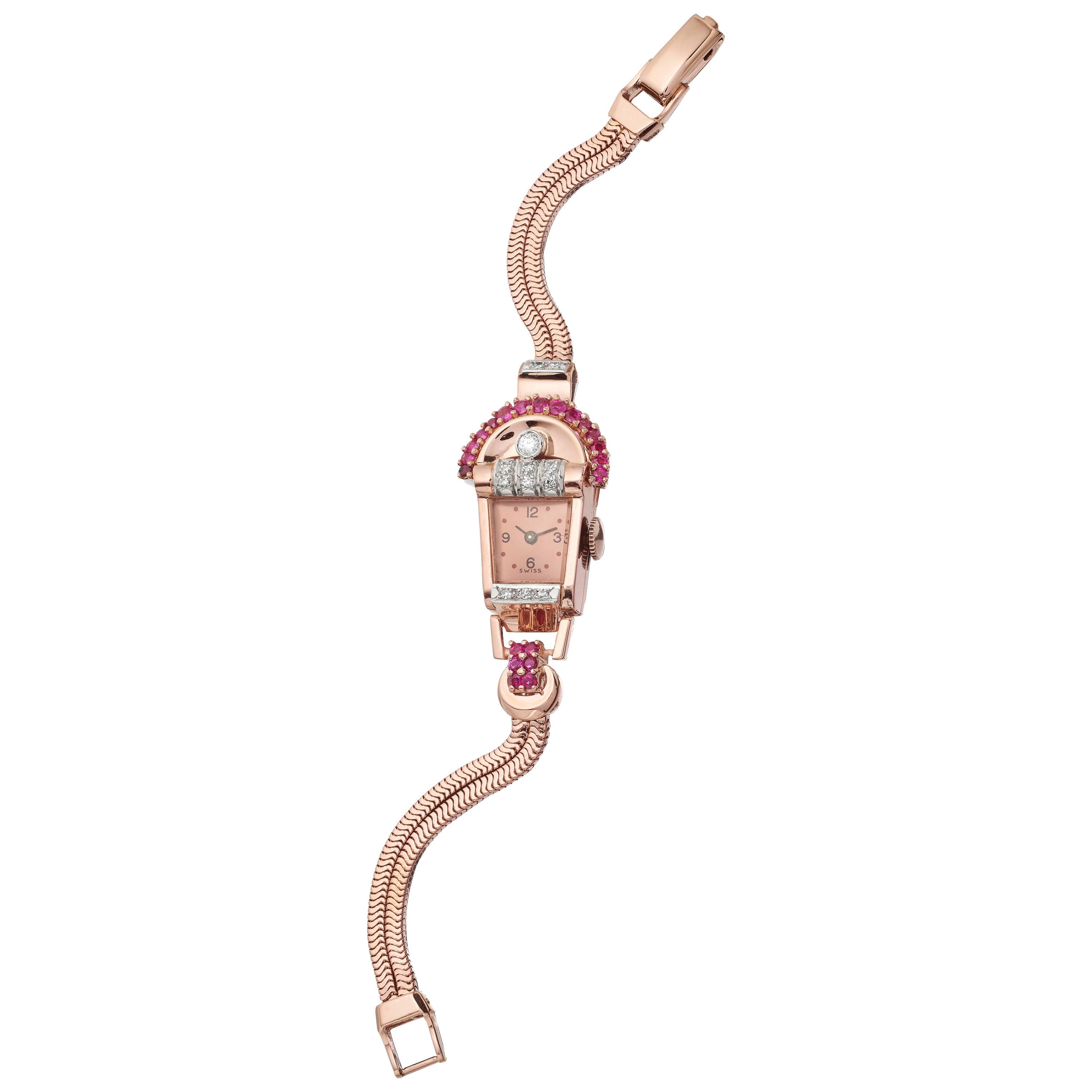 Retro Diamond and Ruby Ladies Dress/Cocktail Swiss Watch in 14 Karat Rose Gold