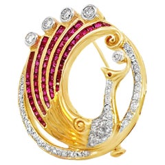 Vintage Diamond and Ruby Peacock Brooch
