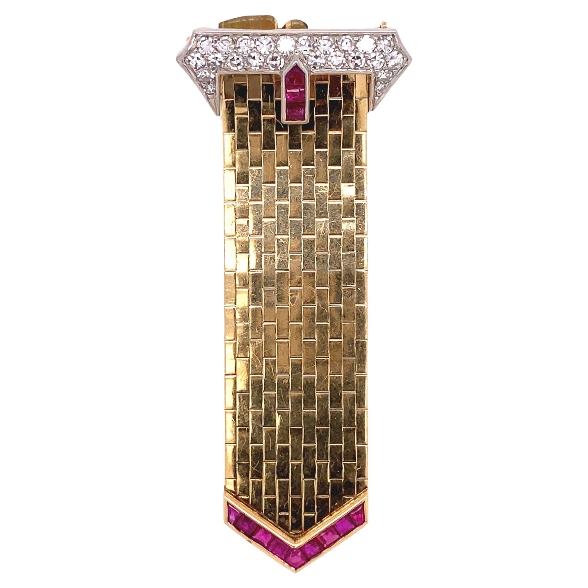 Retro Diamant und Rubin Platin und Gold Schleifenbrosche Anstecknadel Estate Fine Jewelry