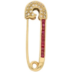 Retro Diamond and Ruby Safety Pin Brooch Set in 18 Karat Yellow Gold