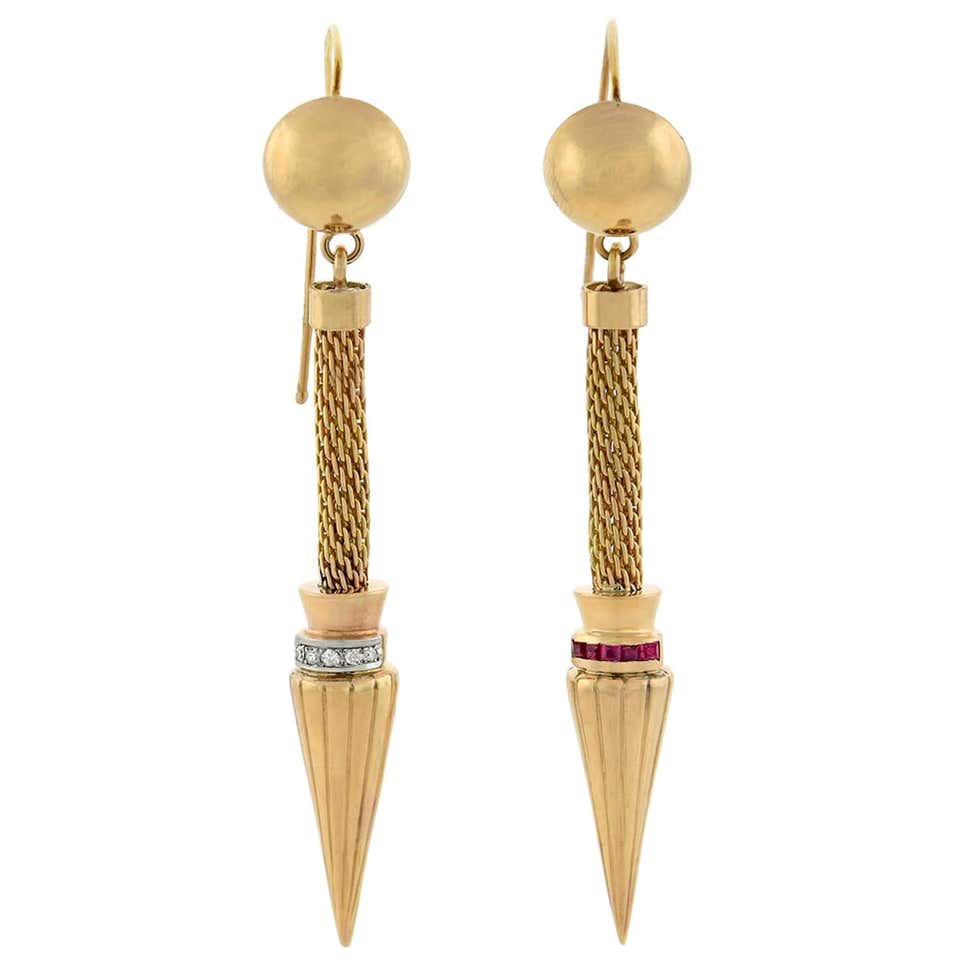 Contemporary Diamond and Ruby Omega Clip Gold Earrings at 1stDibs