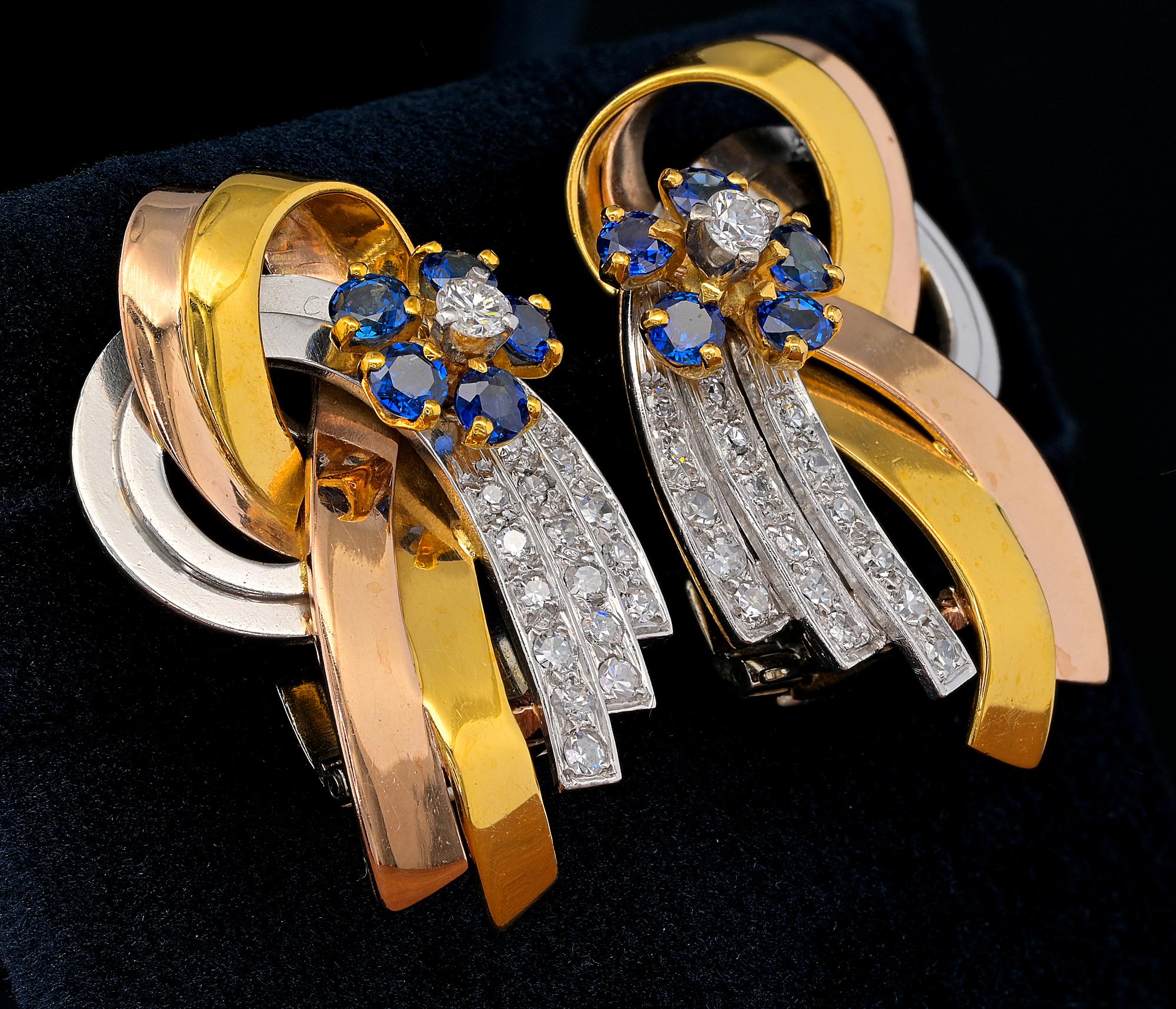 Brilliant Cut Retro Diamond and Sapphire Fabulous Bow Earrings 18 KT For Sale