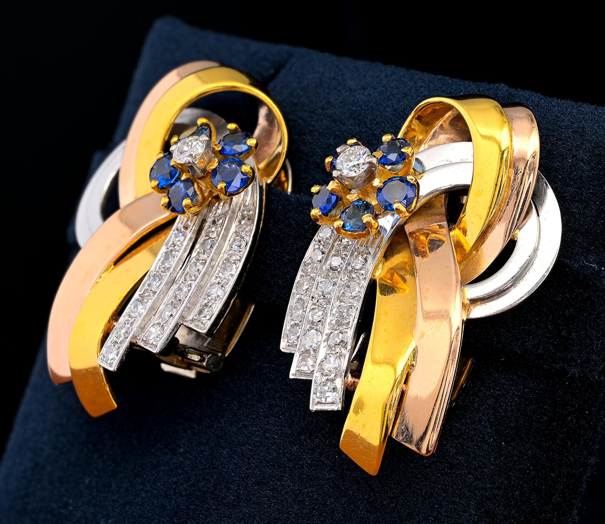Retro Diamond and Sapphire Fabulous Bow Earrings 18 KT In Good Condition For Sale In Napoli, IT
