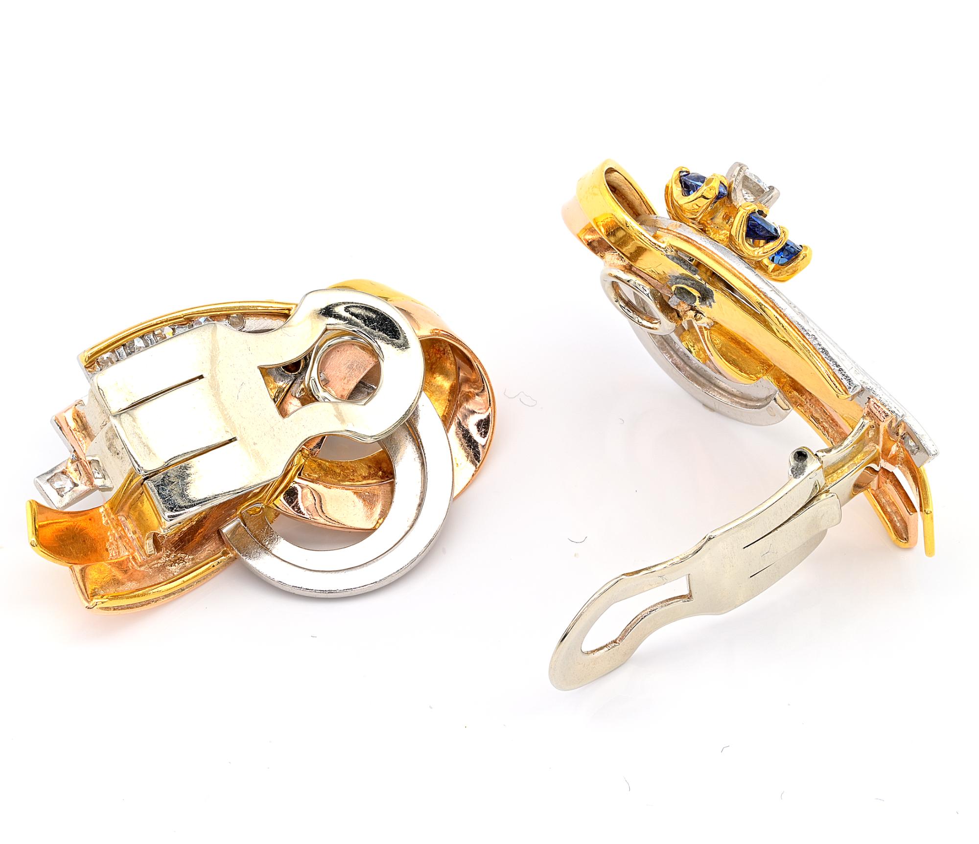 Women's Retro Diamond and Sapphire Fabulous Bow Earrings 18 KT For Sale