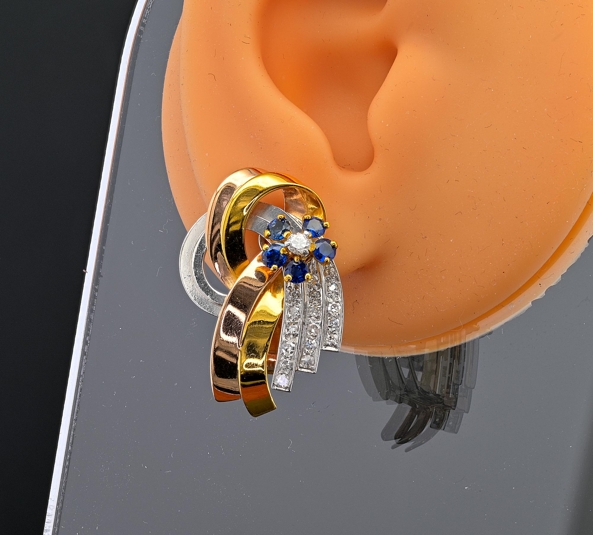 Retro Diamond and Sapphire Fabulous Bow Earrings 18 KT For Sale 1