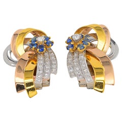 Retro Diamond and Sapphire Fabulous Bow Earrings 18 KT