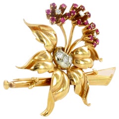 Retro Diamond and Synthetic Ruby Brooch in Red Gold 18 Karat