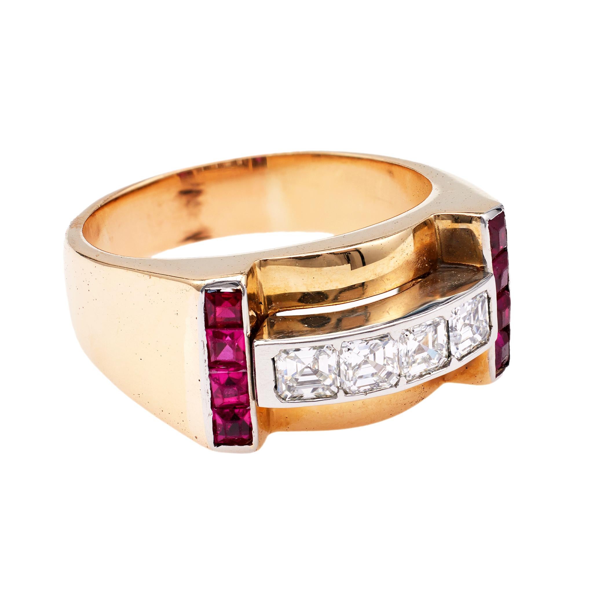 Women's or Men's Retro Diamond and Synthetic Ruby 14k Yellow Gold Platinum Tank Ring For Sale