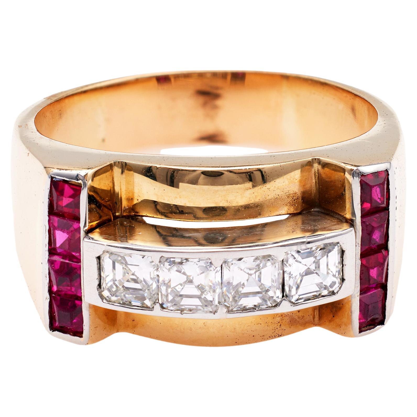 Retro Diamond and Synthetic Ruby 14k Yellow Gold Platinum Tank Ring For Sale