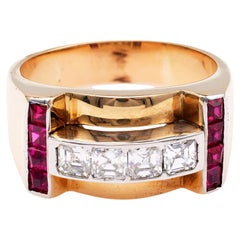 Retro Diamond and Synthetic Ruby 14k Yellow Gold Platinum Tank Ring