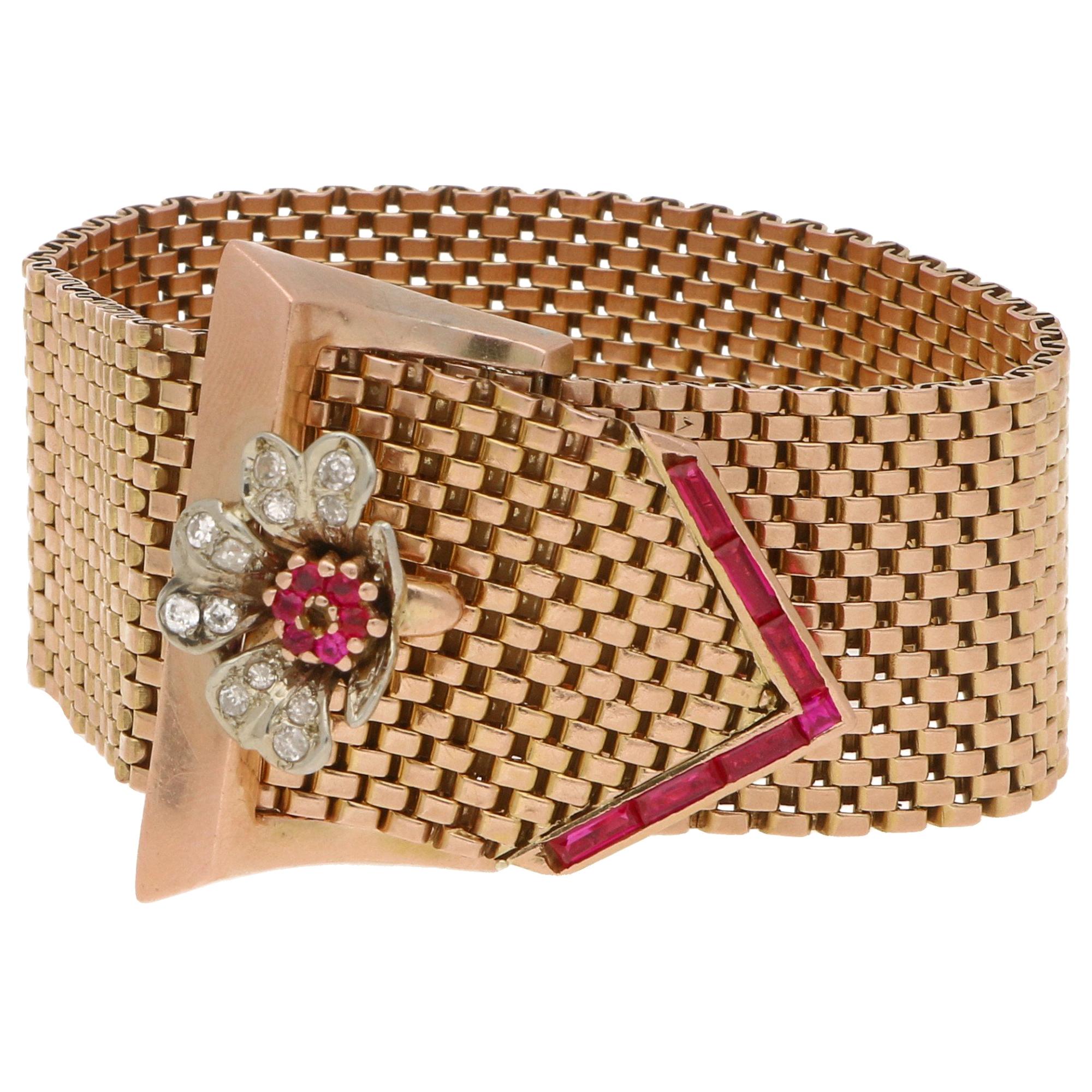 Diamond and Ruby Belt Buckle Bracelet Set in 18k Rose Gold, circa 1940