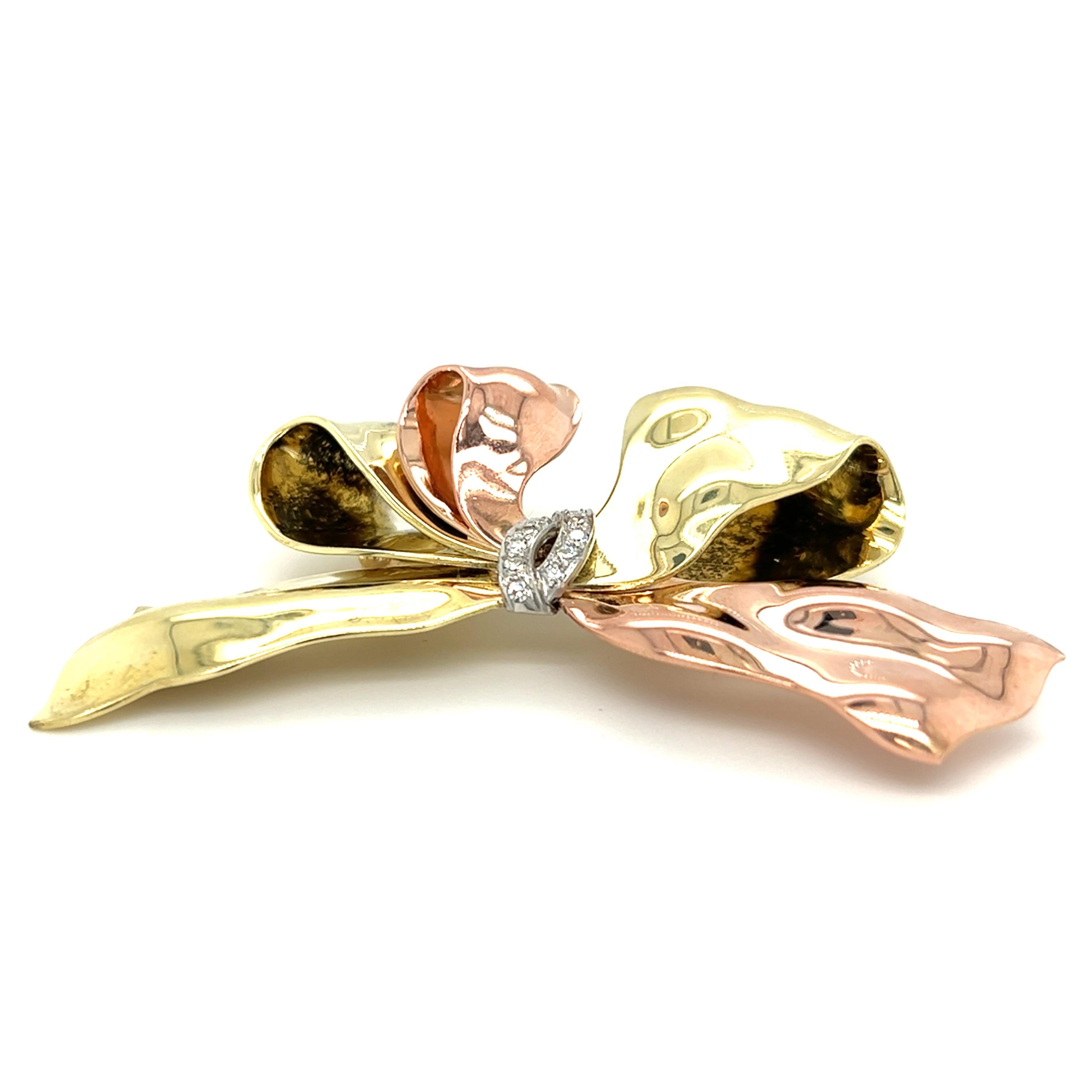 Brilliant Cut Retro Diamond Bow Pin in 14k Rose & Green Gold