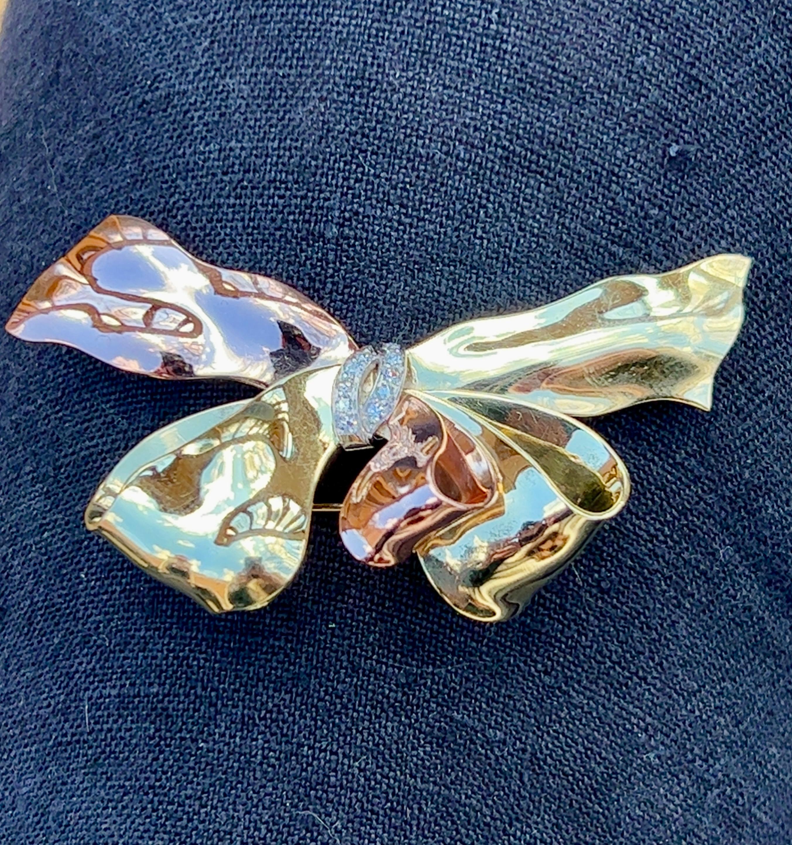 Women's or Men's Retro Diamond Bow Pin in 14k Rose & Green Gold