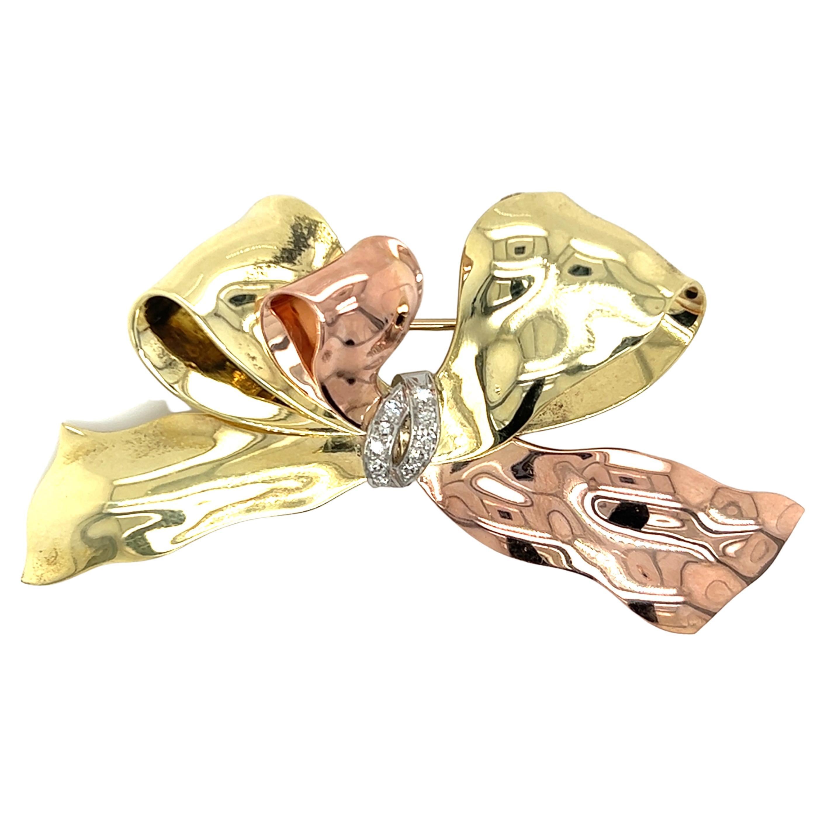 Retro Diamond Bow Pin in 14k Rose & Green Gold