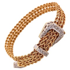 Retro Diamond Buckle Clasp Gold Braided Link Bracelet Estate Fine Jewelry