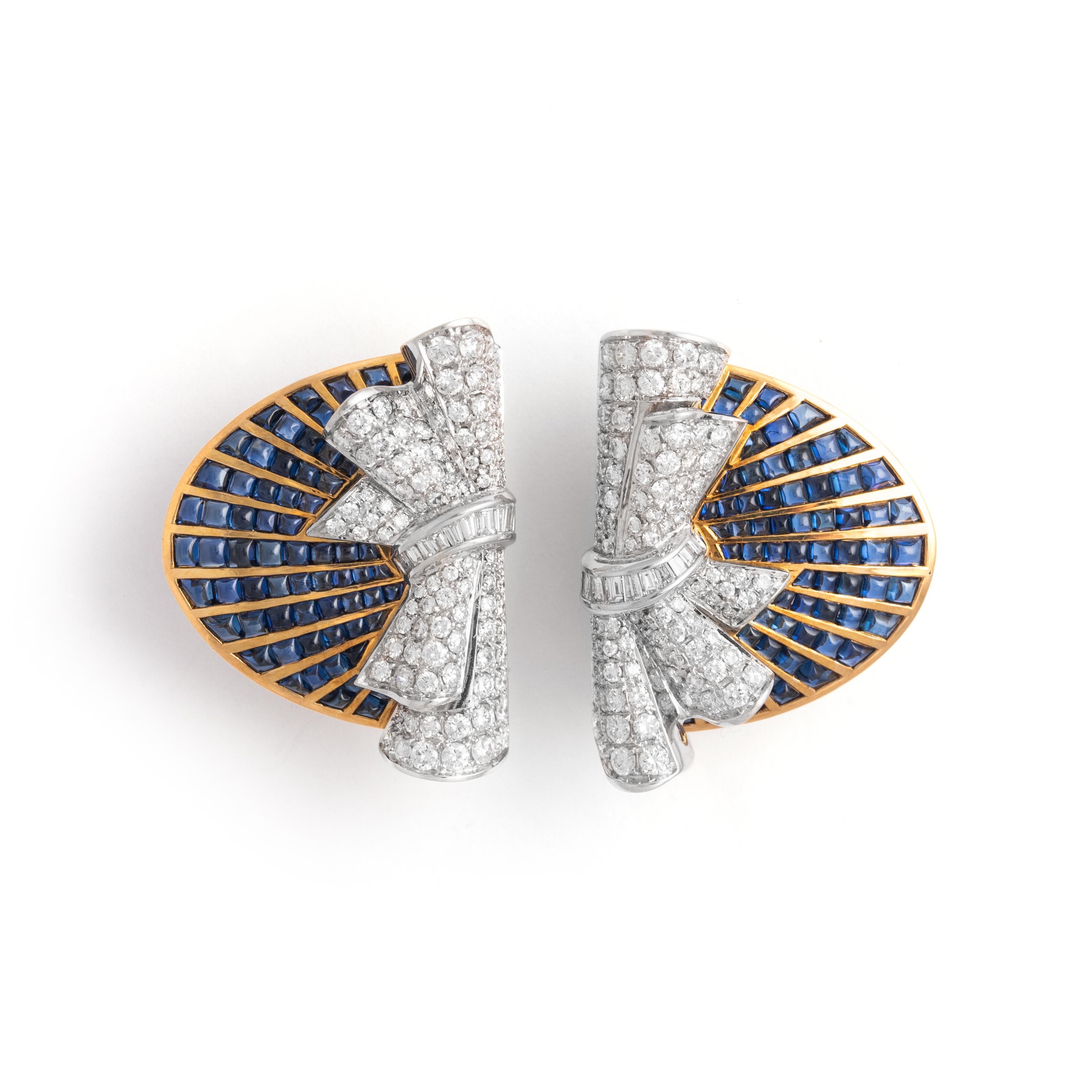 Round Cut Retro Diamond Calibrated Sapphire Yellow White Gold EarClips Earrings 1970S For Sale