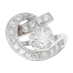 Retro Diamond Cocktail Ring, 14 Karat Gold Women's Crescent 1940s 1.01 Carat