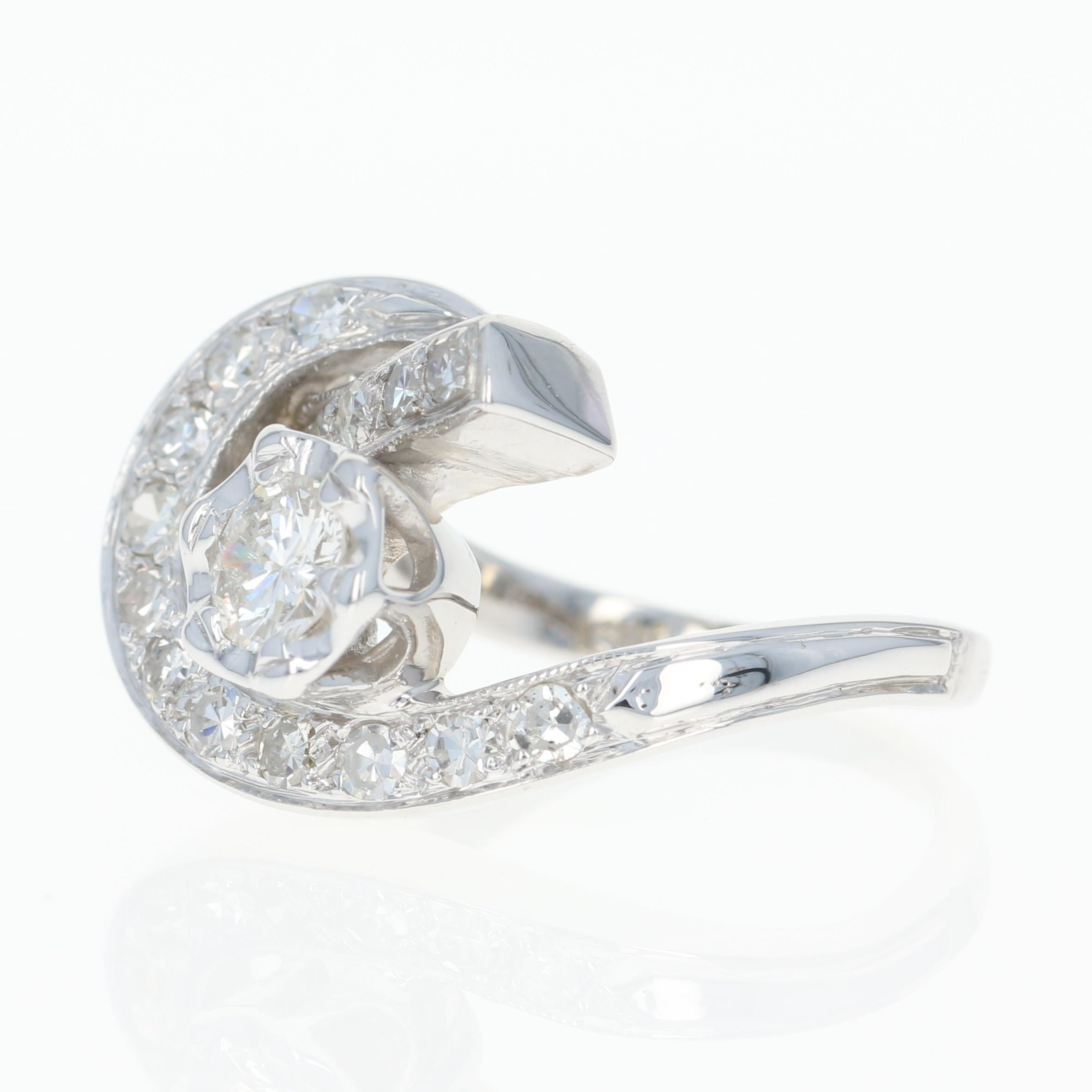 Retro Diamond Cocktail Ring, 14 Karat Gold Women's Crescent 1940s 1.01 Carat 1