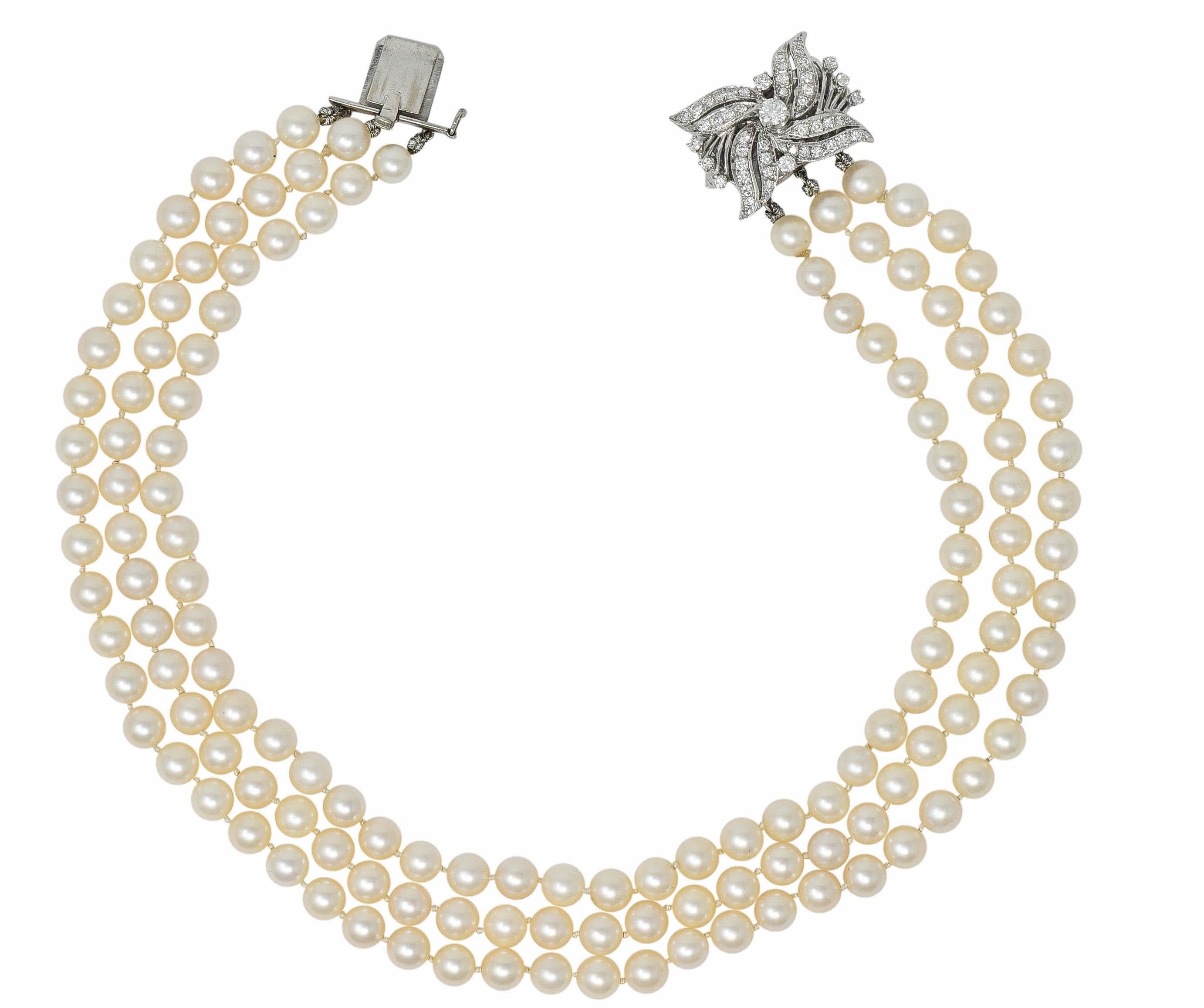 Retro Diamond Cultured Pearl 14 Karat White Gold Multi-Strand Necklace 13