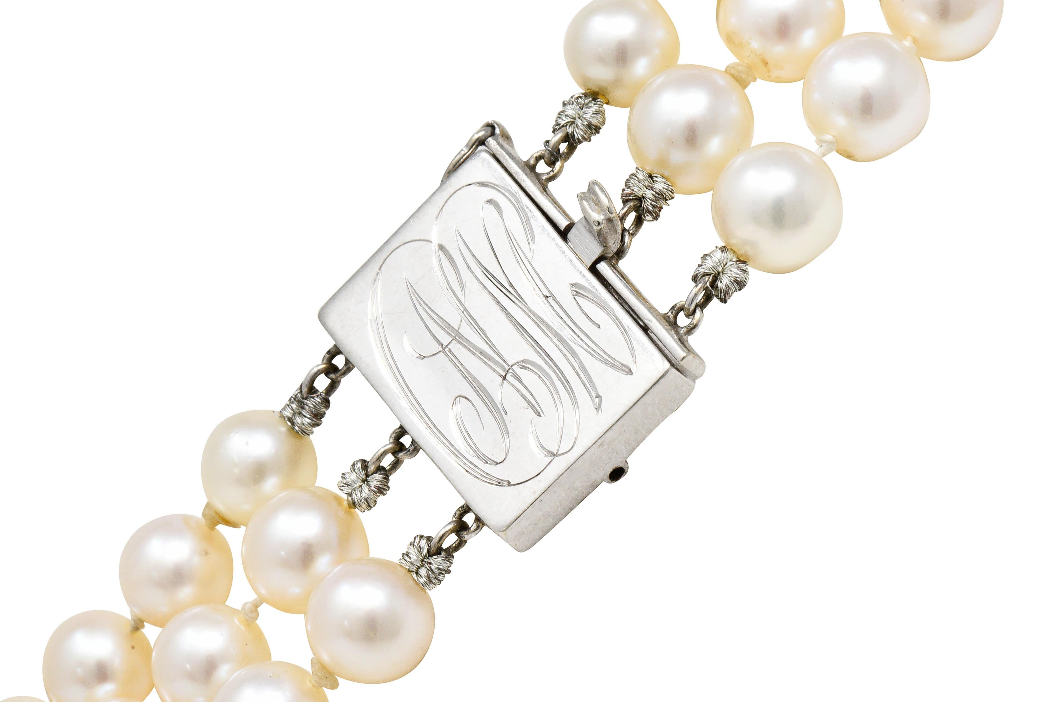 Retro Diamond Cultured Pearl 14 Karat White Gold Multi-Strand Necklace 6