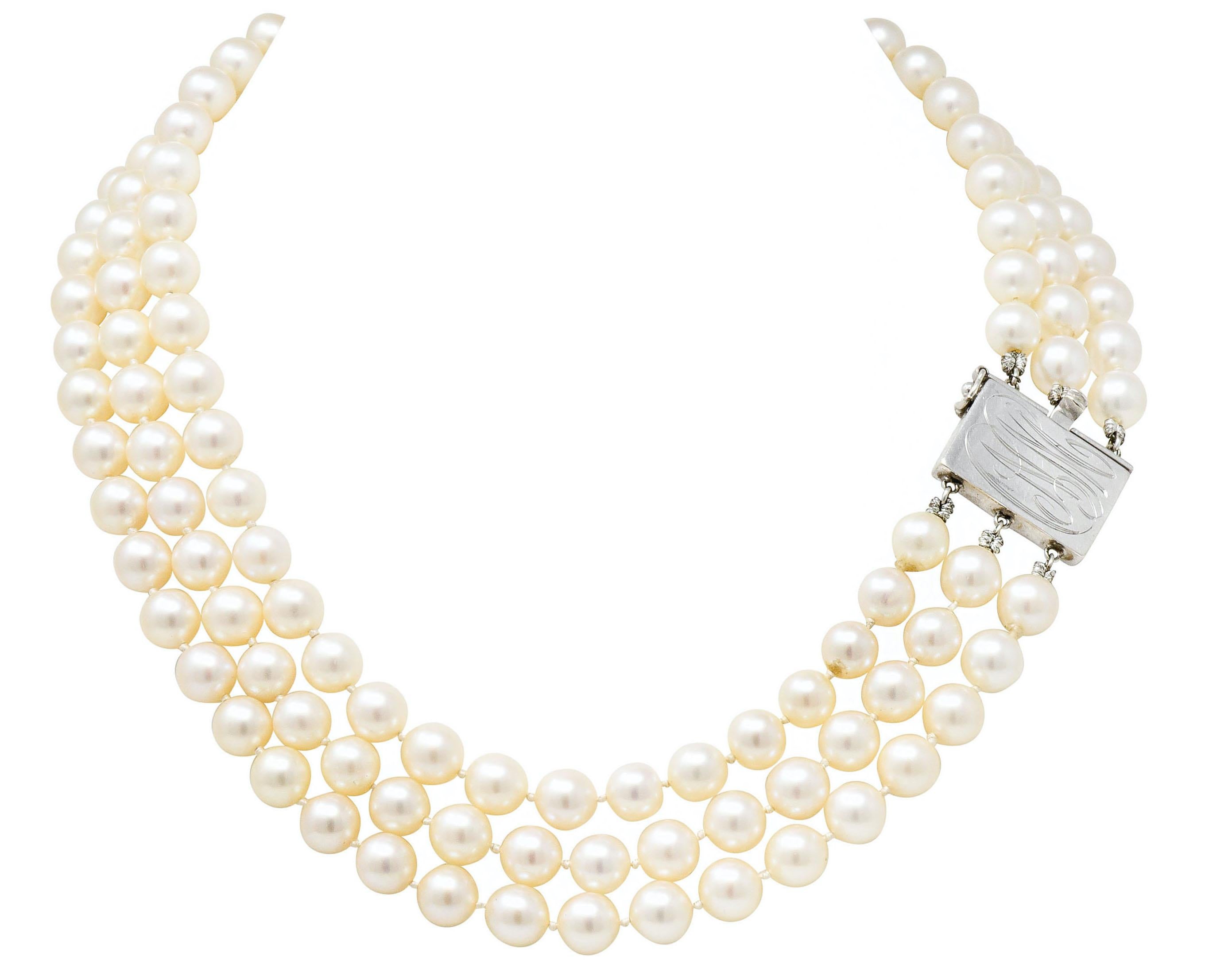 Retro Diamond Cultured Pearl 14 Karat White Gold Multi-Strand Necklace 12