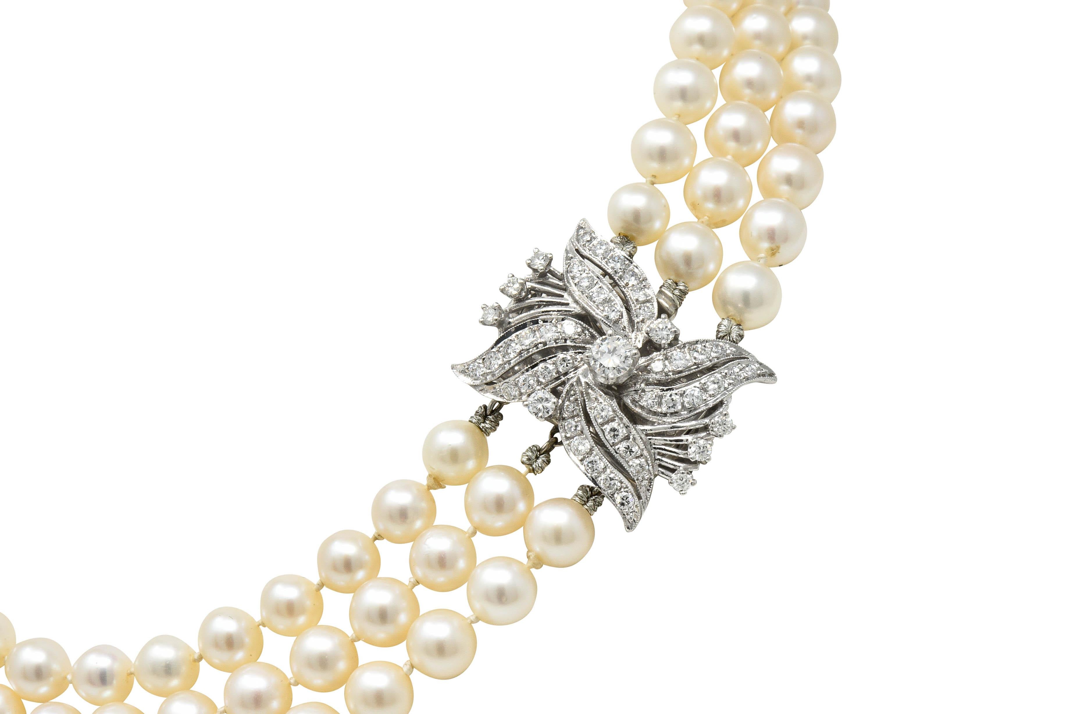 Round Cut Retro Diamond Cultured Pearl 14 Karat White Gold Multi-Strand Necklace