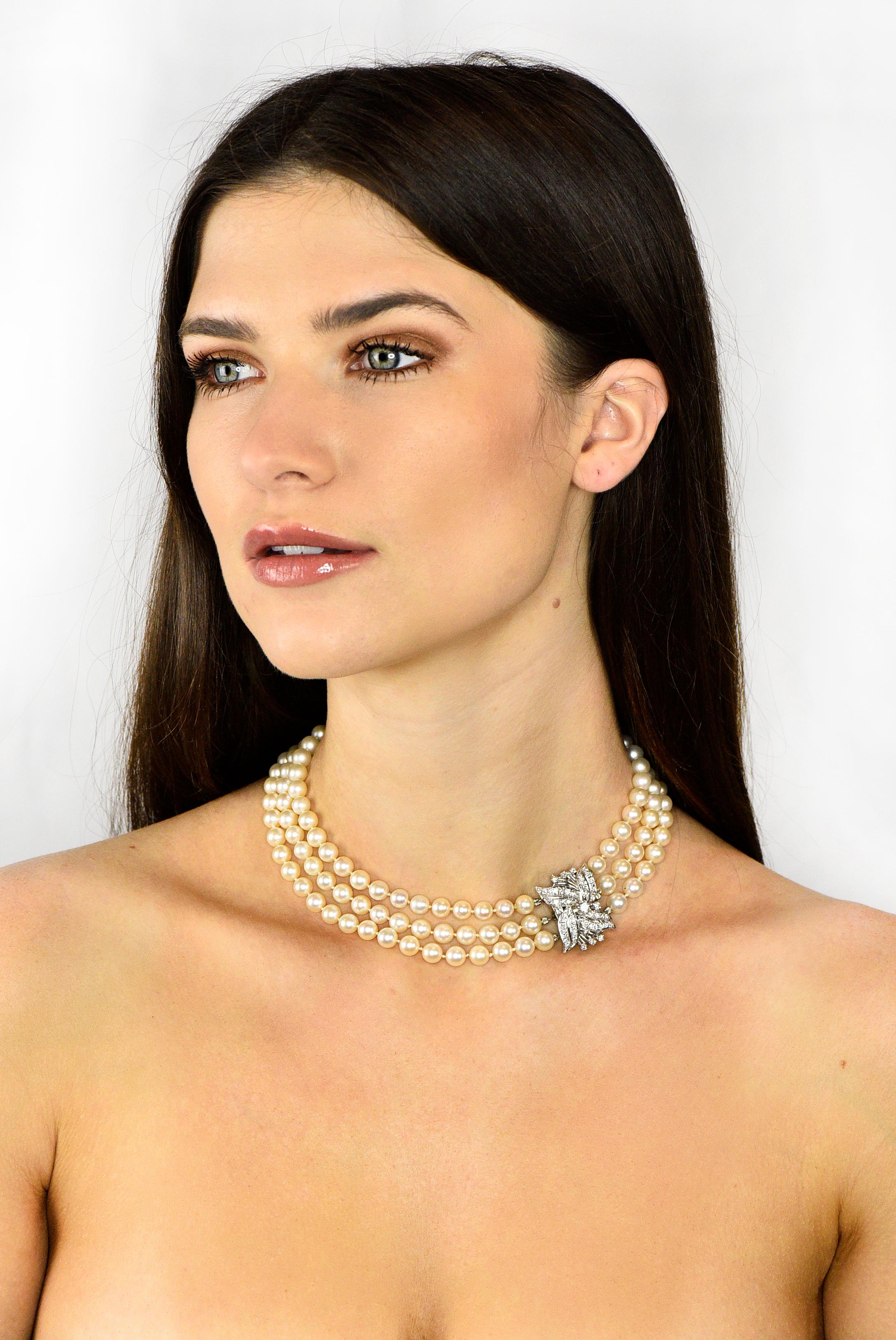 Retro Diamond Cultured Pearl 14 Karat White Gold Multi-Strand Necklace 15