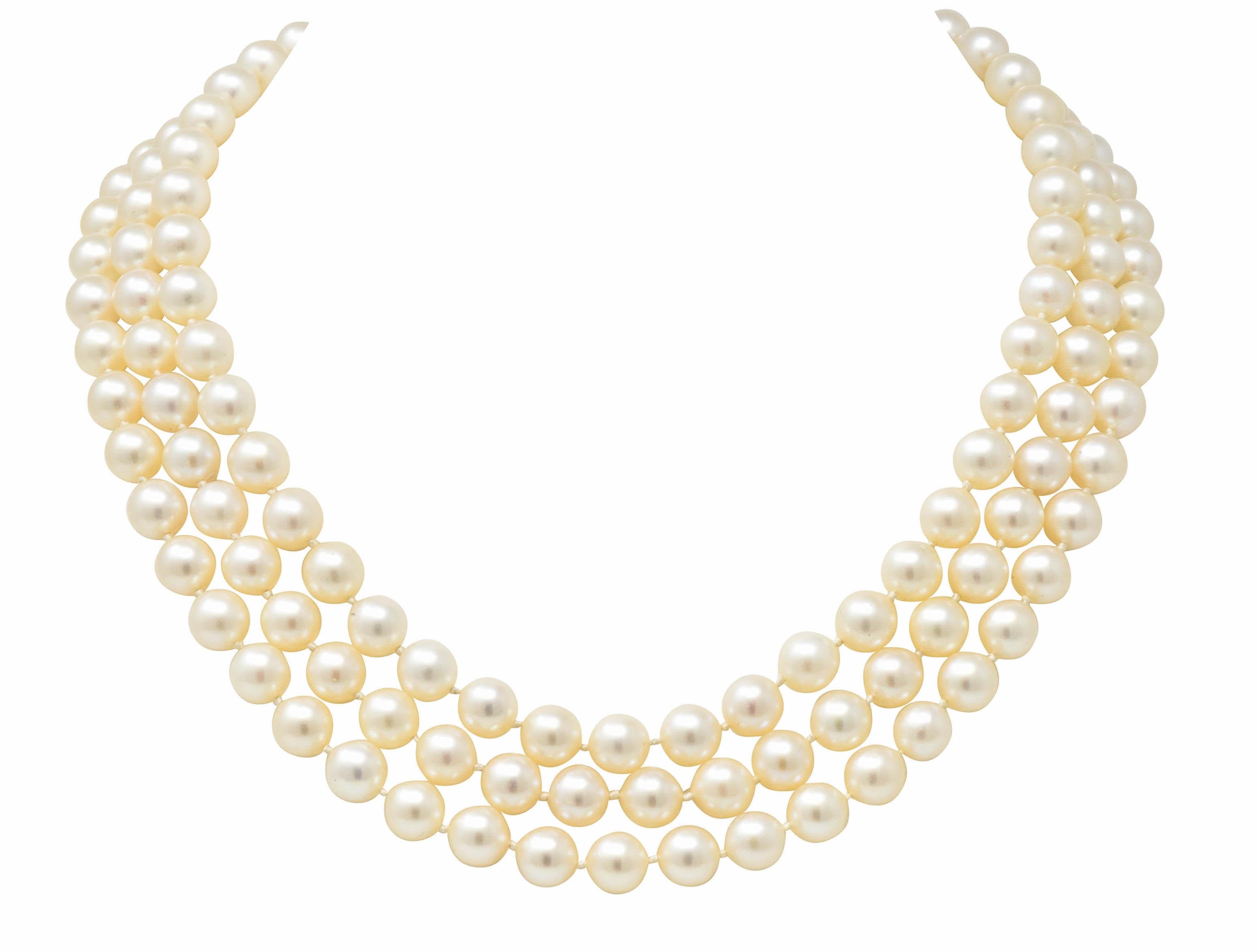 Retro Diamond Cultured Pearl 14 Karat White Gold Multi-Strand Necklace In Excellent Condition In Philadelphia, PA