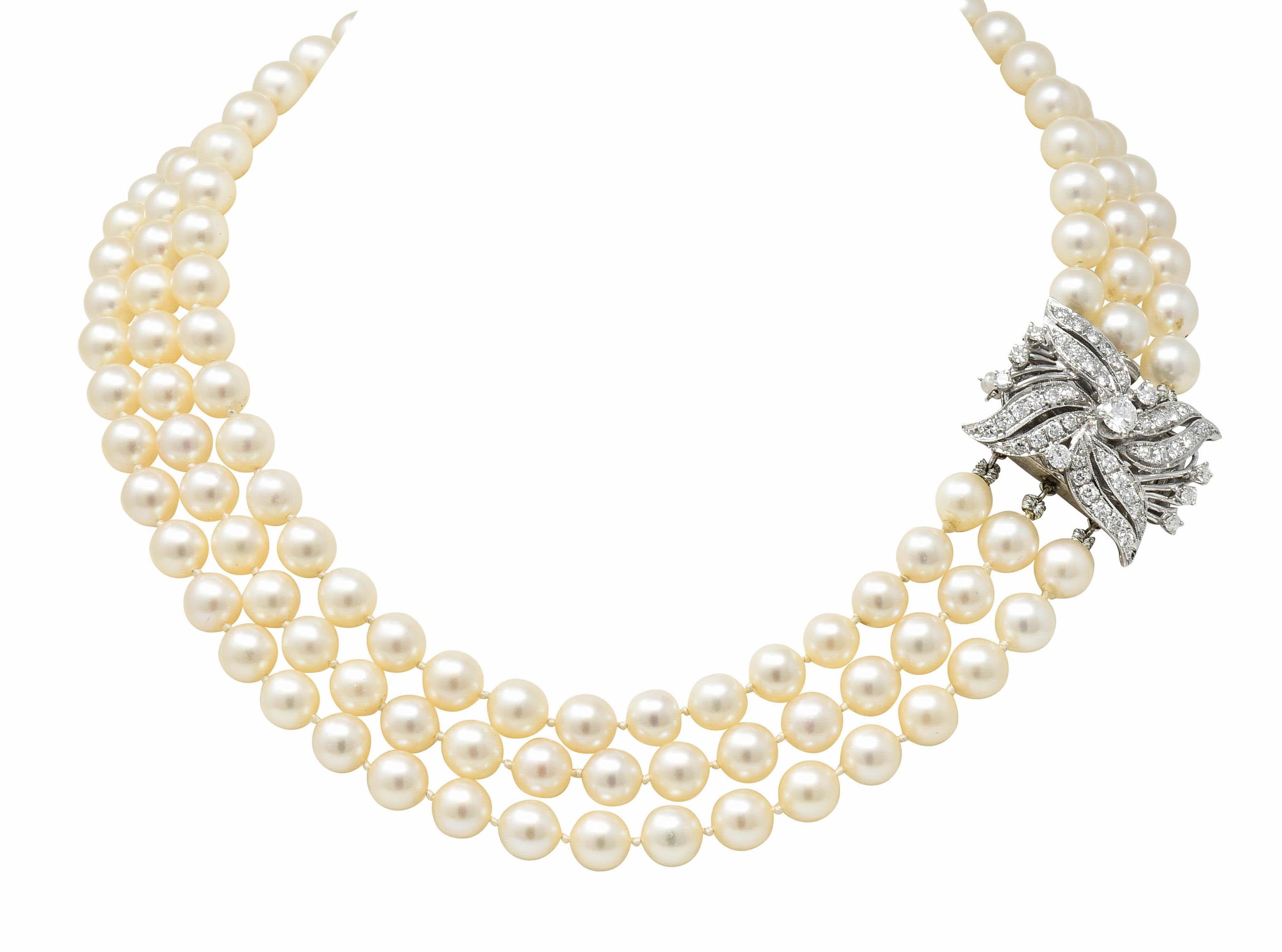 Women's or Men's Retro Diamond Cultured Pearl 14 Karat White Gold Multi-Strand Necklace