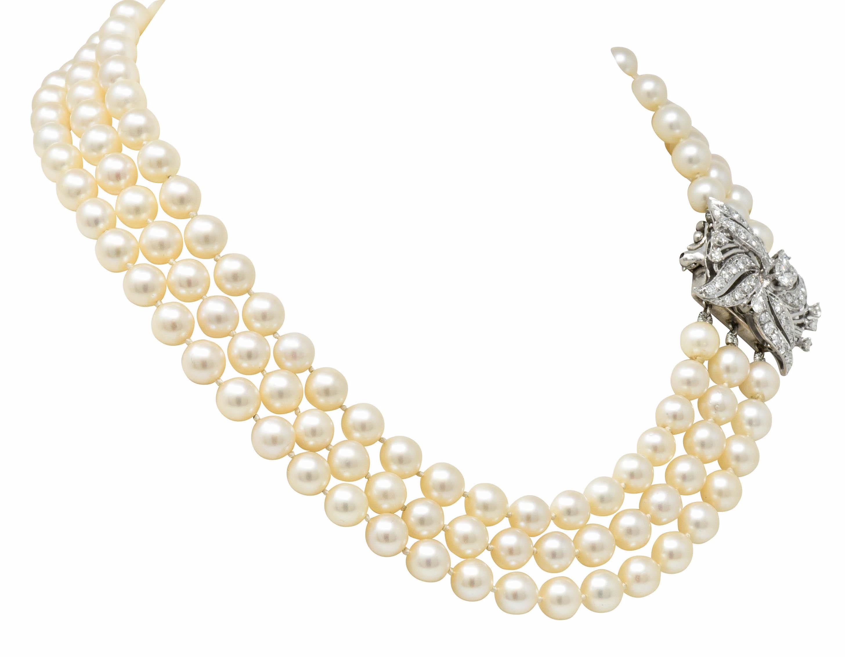 Retro Diamond Cultured Pearl 14 Karat White Gold Multi-Strand Necklace 1